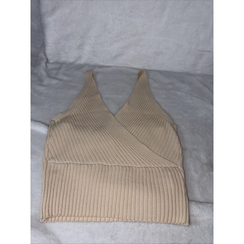 Y2K Beige Ribbed Knit Cross-Front Faux Wrap Crop Top Tank Med Clean Girl Boho